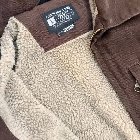 NWT Carhartt Loose Fit Washed Duck Sherpa-Lined Coat 104293 Dark Brown - Picture 2 of 3